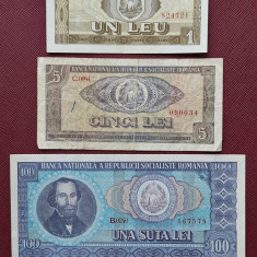 Romania, lot 3 bancnote 1966: 1+5+100 lei, circulate, stari bune