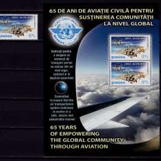 RO 2010 LP 1859+a ,"OACI 65 ani de Aviatie civila "-serie + colita 464, MNH
