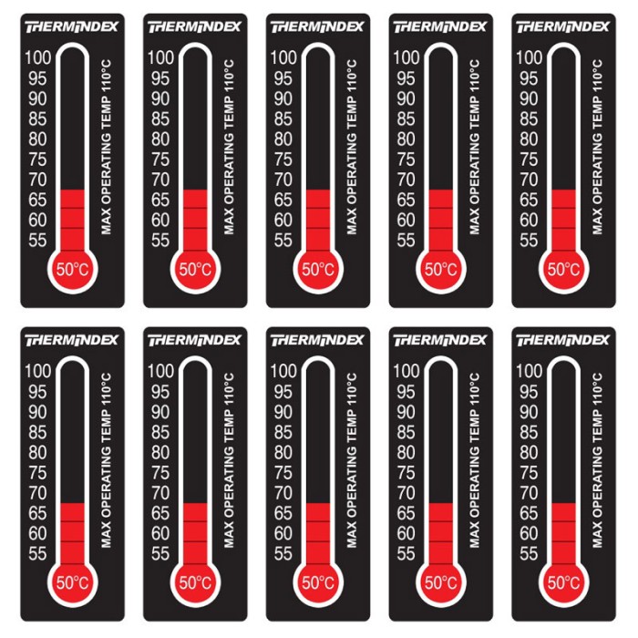 Set 10x Termometre, Hallcrest, Thermindex, cu Cristale Lichide, cu Autoadeziv, 50-100&deg;C, 11 Niveluri