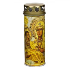 Lumanare Decorativa LED, Model Fecioara Maria, Flacara Alba, Capac Auriu, 6.5x18cm, Baterii Incluse