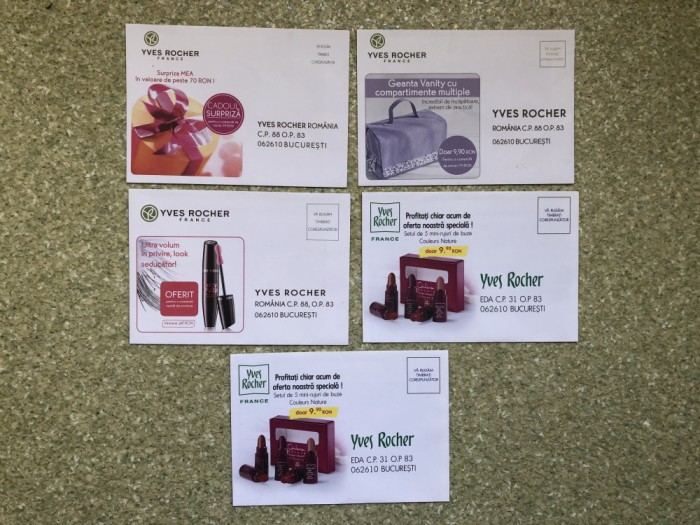 5 PLICURI POSTALE DE LA YVES ROCHER