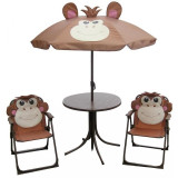 Cumpara ieftin Set mobilier gradina/terasa pentru copii, pliabil, maro, model maimuta, 1 masa cu umbrela, 2 scaune, Melisenda, Strend Pro