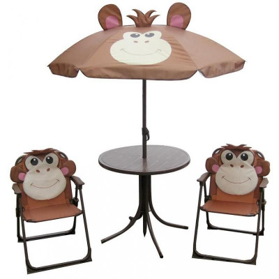 Set mobilier gradina/terasa pentru copii, pliabil, maro, model maimuta, 1 masa cu umbrela, 2 scaune, Melisenda foto