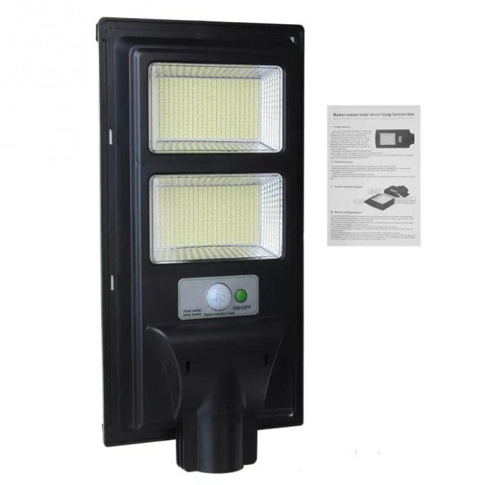 Lampa solara stradala Flippy, cu telecomanda, senzor de miscare si lumina, suport prindere, 96 LED-uri, IP65, ABS, 5AH, 100W, temperatura culoare 6500