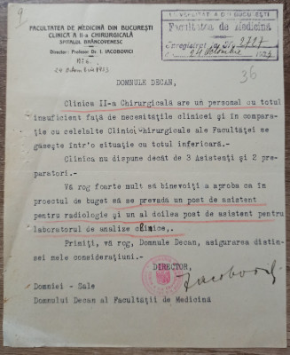 Cerere Clinica a II-a Chirurgicala, Bucuresti, semnat Iacob Iacobovici 1933 foto