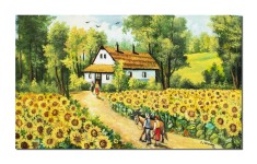 Tablou pictat manual dormitor, living, La casa bunicilor, camp cu floarea soarelui, 100x60cm ulei pe panza, Constantin Feraru