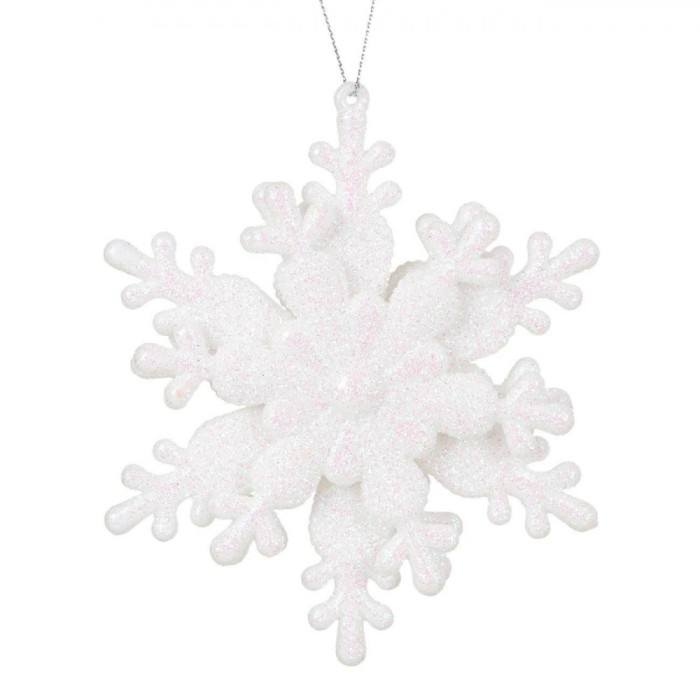 Ornament Brad Crăciun 3D, Fulg Zăpadă, Glitter Alb Holografic, 10x10cm, Plastic