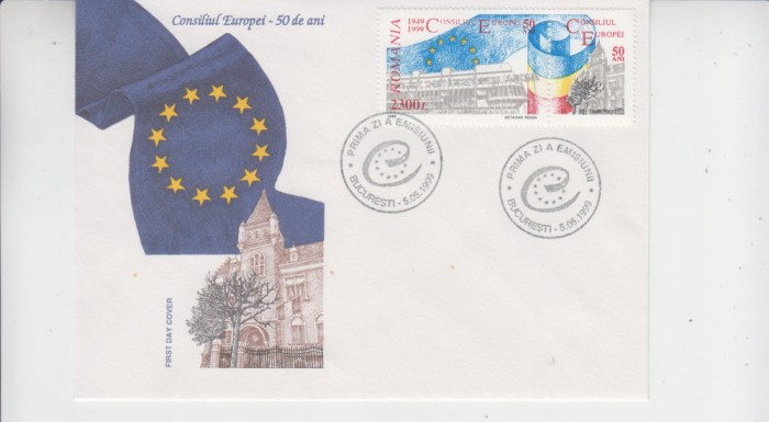 C12 - FDC Romania - 50 ani de la infiintarea Consiliului Europei - LP1483 - 1999