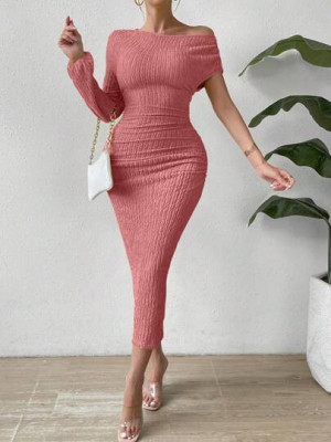Rochie midi din tricot cu umagul gol, roz, dama, Shein foto