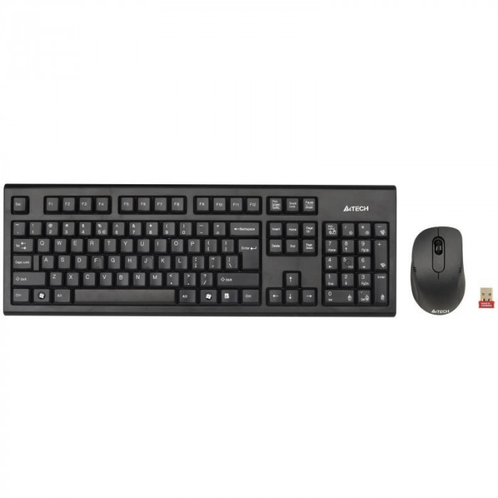 Kit Tastatura + Mouse A4Tech 7100N, Wireless 2.4 Ghz, USB, 2000 DPI, V-Track, 3 Butoane, Scroll, Layout US, Negru