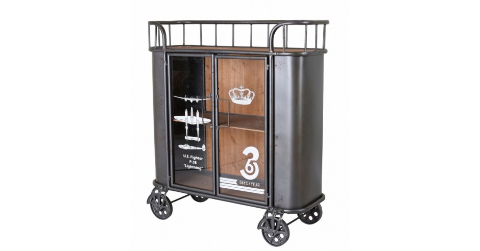 Minibar industrial din lemn masiv cu roti metalice LOF056, Comode si ...