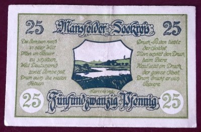 Germania notgeld 25 pfennig 1920 Mansfelder Seekreis ** foto