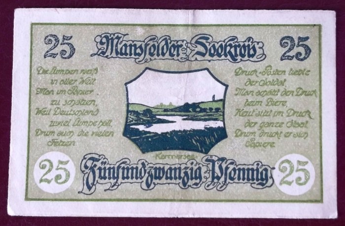 Germania notgeld 25 pfennig 1920 Mansfelder Seekreis **