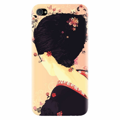 Husa silicon pentru Apple Iphone 4 / 4S, Japanese Geisha Illustration Cherry Blossom foto