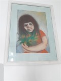 Tablou in ceracolor anii &#039;70 &quot;Fata cu flori&quot; dimensiunea 45x32 cm.