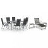 Set mobilier gradina Gossi, 10 piese, aluminiu, textilena, sticla, negru, argintiu, 6 scaune reglabile, sezlong, 2 suporti picioare, masa