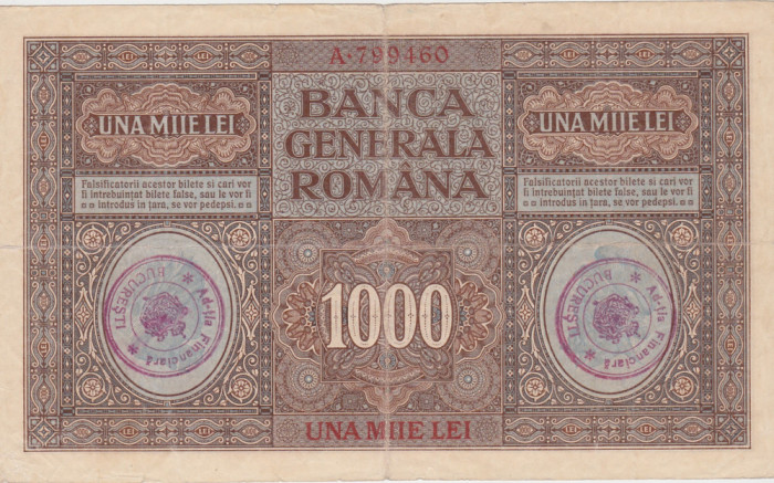 ROMANIA 1000 LEI BGR 1917 F stampilata Bucuresti Ad-tia Financiara