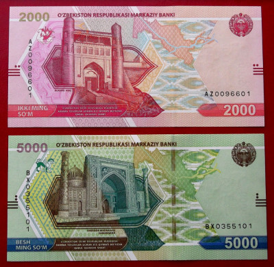 Uzbekistan set 2000 2.000 + 5000 5.000 sum som 2021 UNC ** foto