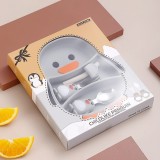 Set diversificare bebelusi, din silicon, 1 farfurie in forma de pinguin, lingurita si furculita, pai, perie pai, fara alergeni, gri
