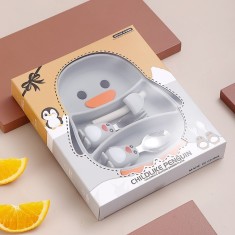Set diversificare bebelusi, din silicon, 1 farfurie in forma de pinguin, lingurita si furculita, pai, perie pai, fara alergeni, gri