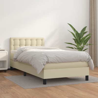 vidaXL Pat box spring cu saltea, crem, 100x200 cm, piele ecologică 3141109 foto
