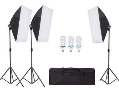 Kit de 3 softboxuri, 3 trepiezi reglabili 200 cm, 3 becuri 150W, geanta de transport inclusa foto
