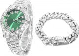 Cumpara ieftin Set Ceas Iced Out Silver Green + Bratara Cuban, insertii din zirconiu, otel inoxidabil, dispozitiv pentru ajustare, impachetare premium, argintiu