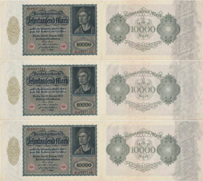 3 x 1922 ( 19 I ) , 10.000 mark ( P-71 ) - Germania - stare UNC foto