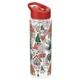 Sticla de apa cu model de Craciun, 700 ml, transparenta, cu pai integrat si capac flip top, CMCLASS