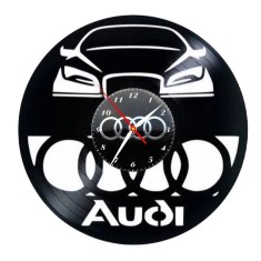 Ceas de Perete Decorativ &ldquo;Audi Sport &ndash; Vorsprung durch Technik&rdquo;, din Disc Vinil Reciclat, Design Auto Premium, Negru, Mecanism Silențios (Sweep), 30 c
