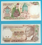 Bancnota Turcia 5000 Lirasi 1970 Mevlana UNC, Serie E08, Mustafa Kemal Atat&uuml;rk, Mausoleul Mevlana Konya, Hartie 146x72 mm