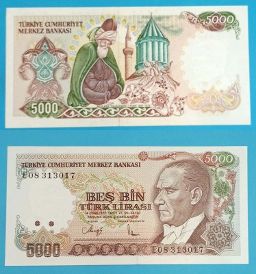 Turcia (p#97) 5.000 Lirasi 1970 &amp;#039;Mevlana&amp;#039; UNC serie: E08 313017 foto