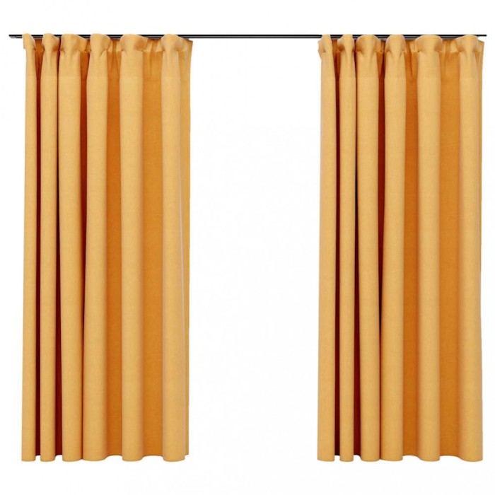 Draperii opace aspect in, carlige, 2 buc., galben, 140 x 175 cm