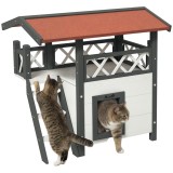 PawHut Căsuță pentru Pisici de Exterior cu Terasa și Scară, Adăpost pentru Pisici și Animale Mici din Lemn, 77x50x73 cm, Alb