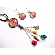 Set mandala cu howlite color, set colier si cercei sticla 33952