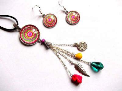 Set mandala cu howlite color, set colier si cercei sticla 33952 foto