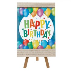 Decorațiune Lemn, șevalet, Model Happy Birthday, Baloane Multicolor, 12x17cm