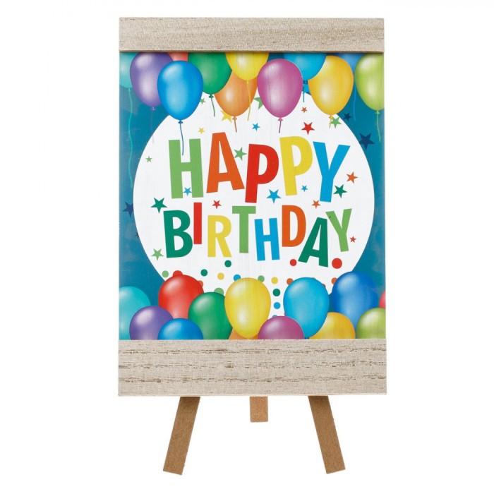 Decorațiune Lemn, șevalet, Model Happy Birthday, Baloane Multicolor, 12x17cm
