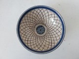 Bol ceramic vintage glazurat, decor geometric radial, marcaj SK pe verso, piesă de colecție ceramică artizanală