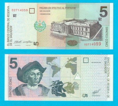 El Salvador (p#147) 5 Colones 1998 UNC &amp;#039;Columb&amp;#039; serie: 02714059 foto