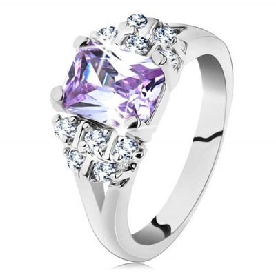 Inel de culoare argintie cu brațe despicate, zirconiu violet deschis - Marime inel: 51 foto