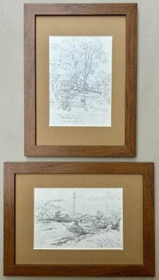 Set 2 Tablouri Grafica in creion 1984 Peisaje Vederi din Bucium Iași, Crochiu inramat 26x35cm foto