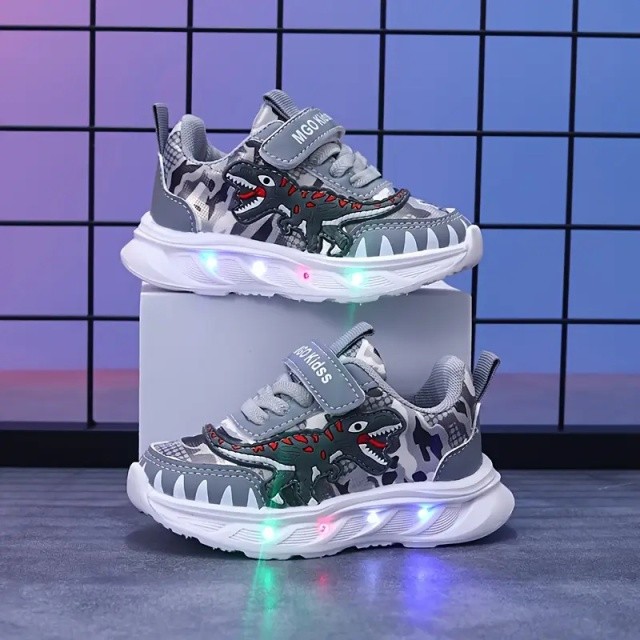 Pantofi Sport Copii cu Luminițe LED și Design Dinozaur Gri (Marime Disponibila: