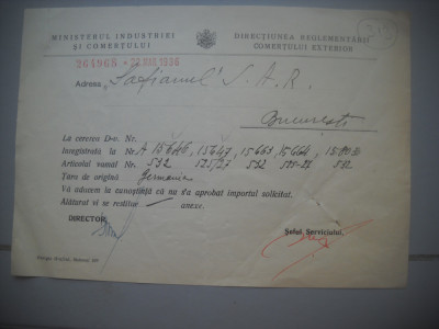 HOPCT DOCUMENT VECHI 313 MINISTERUL INDUSTRIEI COMERT EXTERIOR /BUCURESTI 1936 foto