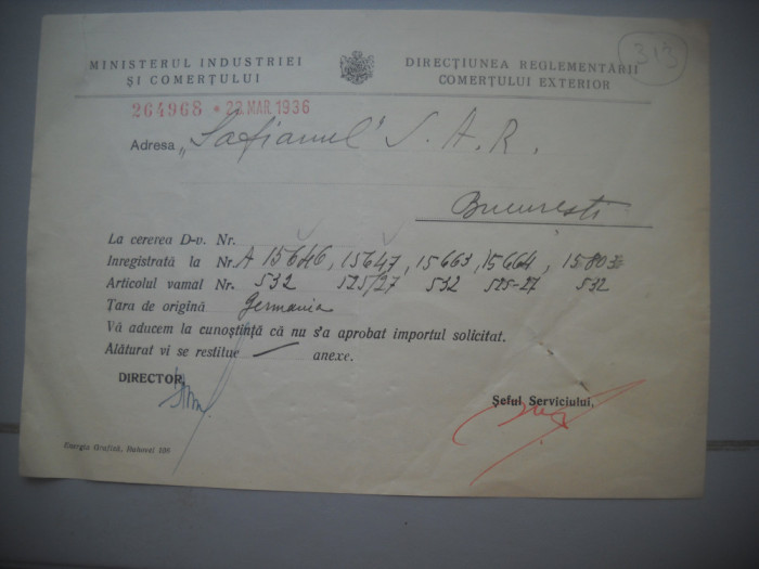 HOPCT DOCUMENT VECHI 313 MINISTERUL INDUSTRIEI COMERT EXTERIOR /BUCURESTI 1936