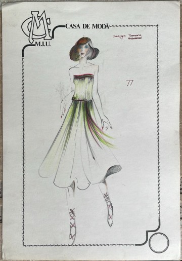 Tehnică mixtă pe carton subțire, Casa de Modă M.I.U., 30 x 21 cm, design Tamara AVADANEI modă rom&acirc;nească, schiță vestimentară