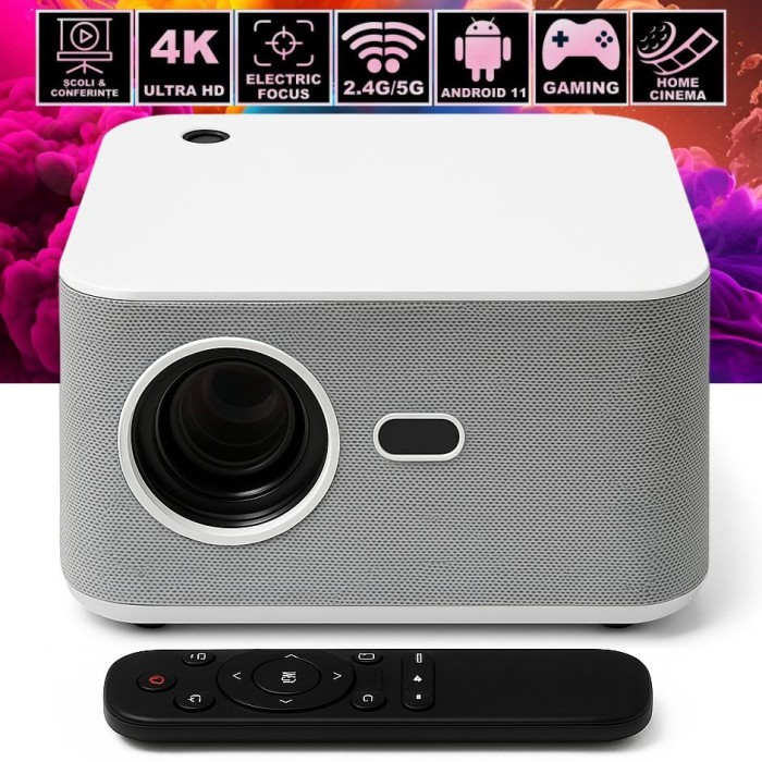 Videoproiector Smart Portabil, Linomag&reg;, 4K Full HD 1080P, 350 ANSI, Autofocus, Android 11, WiFi, Bluetooth, Difuzor Integrat, Telecomandă, Alb/Gri Pe