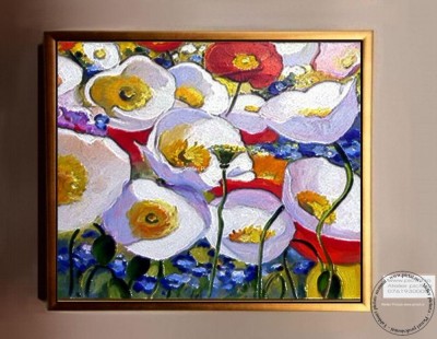 Tablou abstract flori albe, flori de camp, pictura flori salbatice 46x43cm foto