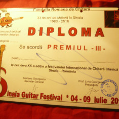 Diploma Premiul III -Fundatia Romana de Chitara-Festival Internat.Sinaia2016