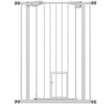 PawHut Poartă Reglabilă pentru C&acirc;ini cu Ușă Mică și Montare prin Presiune, 74-80x104.1 cm, Alb | Aosom Romania